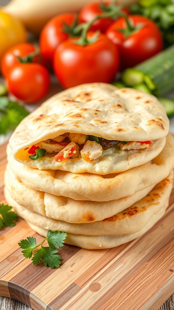 Homemade Pita Bread Pockets Recipe Freshly baked pita bread pockets filled with grilled chicken and vegetables on a wooden board.